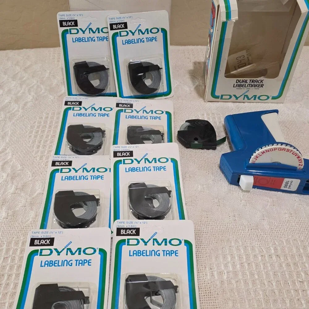 Vintage Dymo Dual Track Label Maker 1895-11 + 8 NIP 7291-09 Label Tape Black